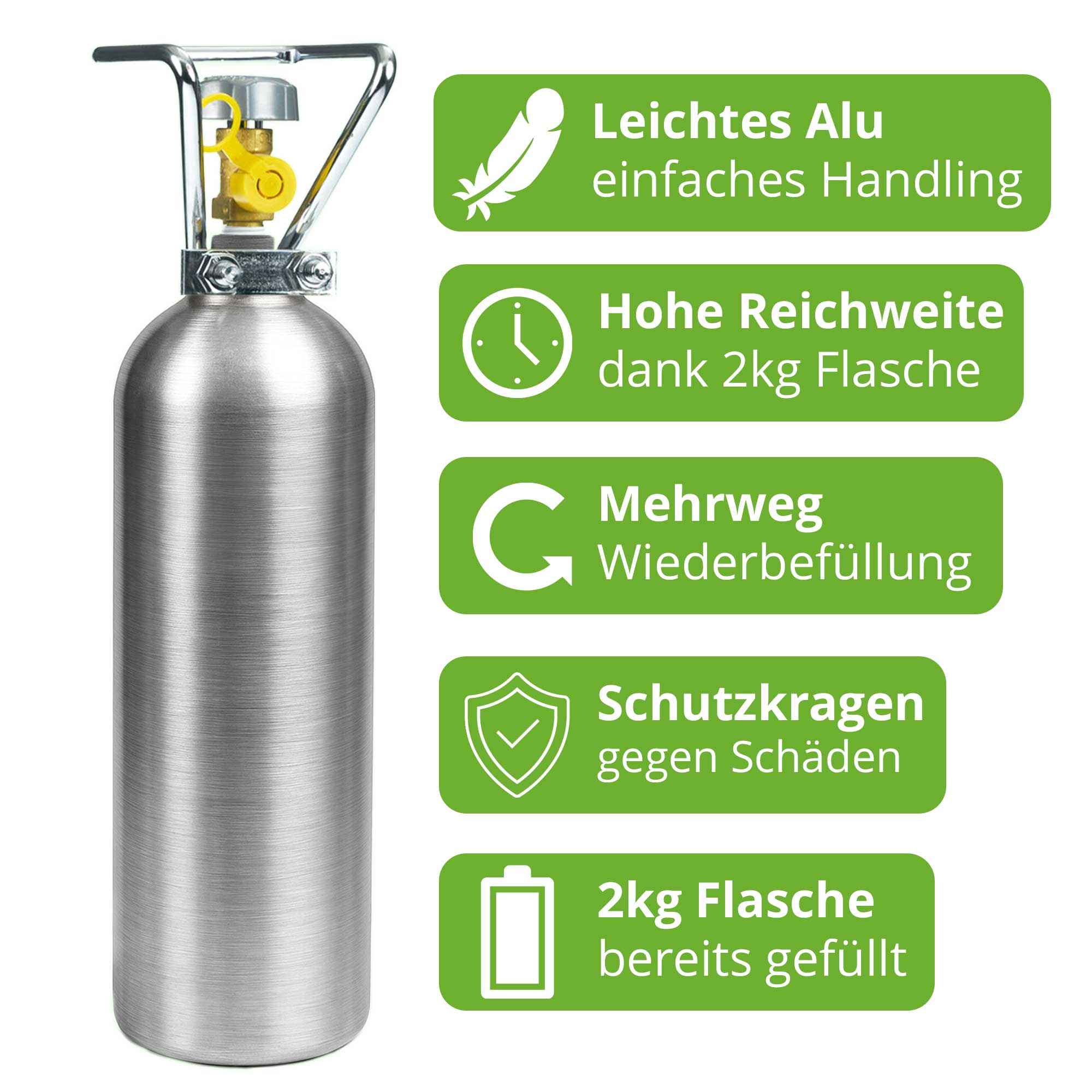 2 kg CO₂-Mehrwegflasche (Darstellung, jetzt als Aluminiumflasche)