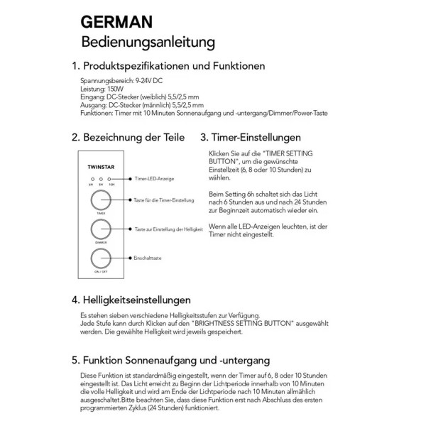 Twinstar LED Dimmer | 7 Stufen Dimmung und Timer - Anleitung und Produktspezifikationen